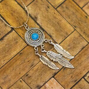 24 inch, Vintage Art Nouveau Leaves Blue Gem Silver Tone Tassel Necklace | H34